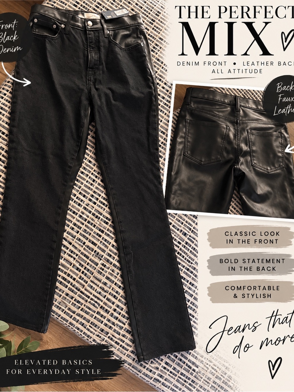 Universal Thread Black Straight-Leg Jeans with Faux Leather Back